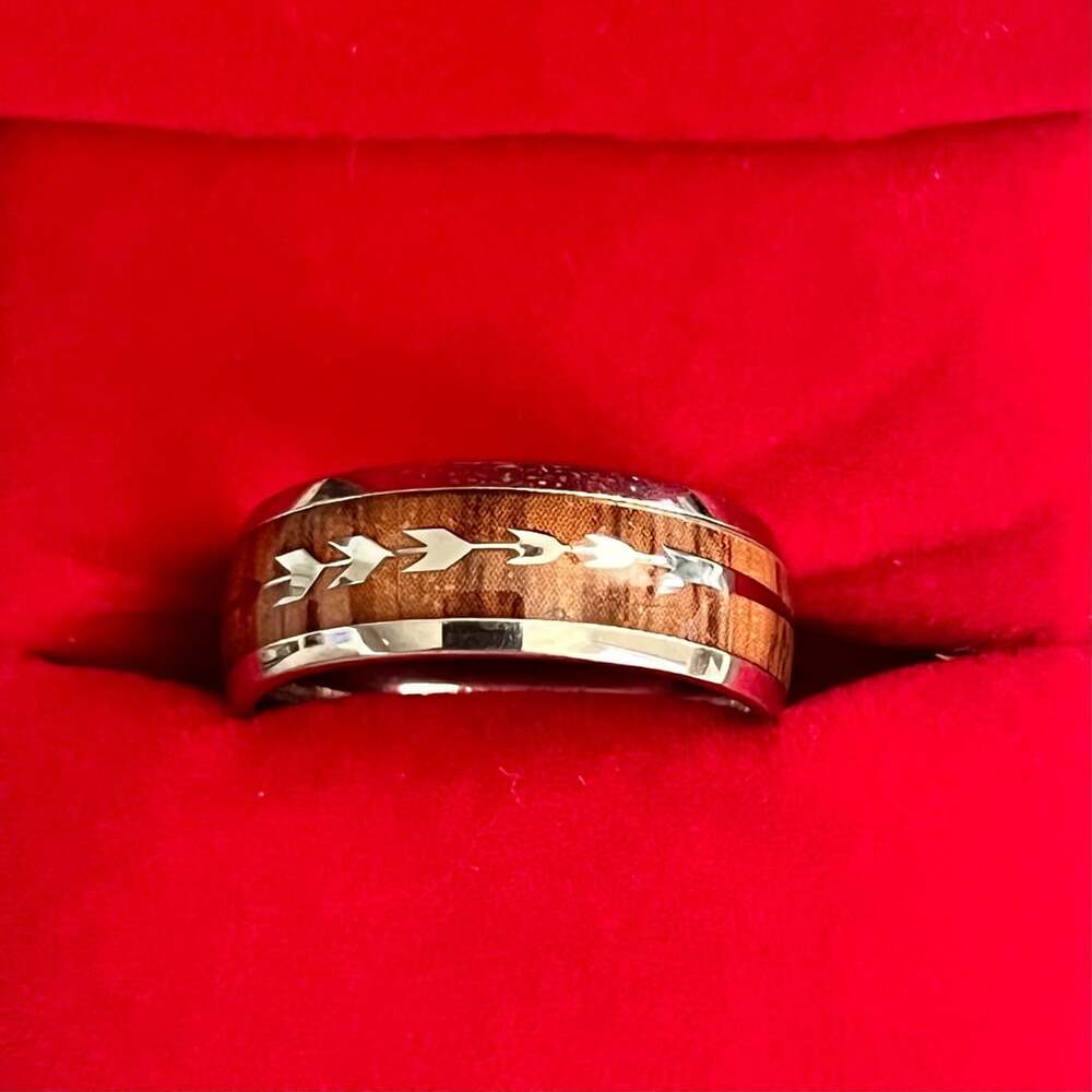 Arrow Koa Wood Inlay Titanium Steel 6mm Band Ring Size 10
